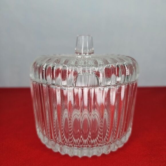 Sugar Bowl Jelly Jam Jar Ribbed Honey Pot Art-Deco Style VTG Glass Relish Dish - Picture 1 of 11
